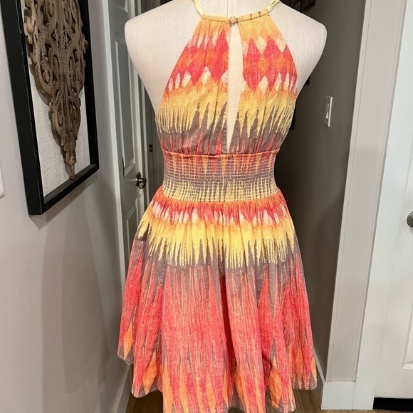 FREE PEOPLE Orange tones smock stretch waist mini dress with thin straps - Picture 6 of 15